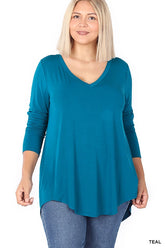SI-15547 Plus Size Luxe Rayon Long Sleeve V-Neck Hi-Low Hem Top