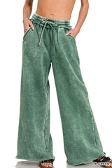 SI-26056 Acid Wash Fleece Palazzo Sweatpants with Pockets