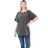 SI-19092 Woven Heavy Dobby Button Front Pocket Top