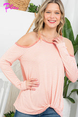 PLUS STRIPE COLD SHOULDER TUNIC TOP