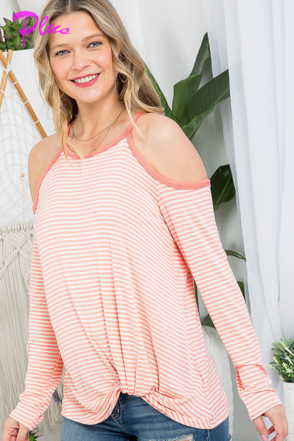 PLUS STRIPE COLD SHOULDER TUNIC TOP