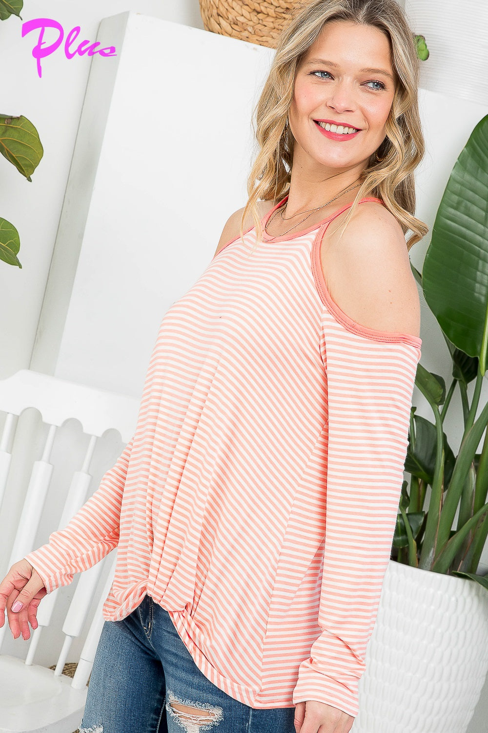 PLUS STRIPE COLD SHOULDER TUNIC TOP