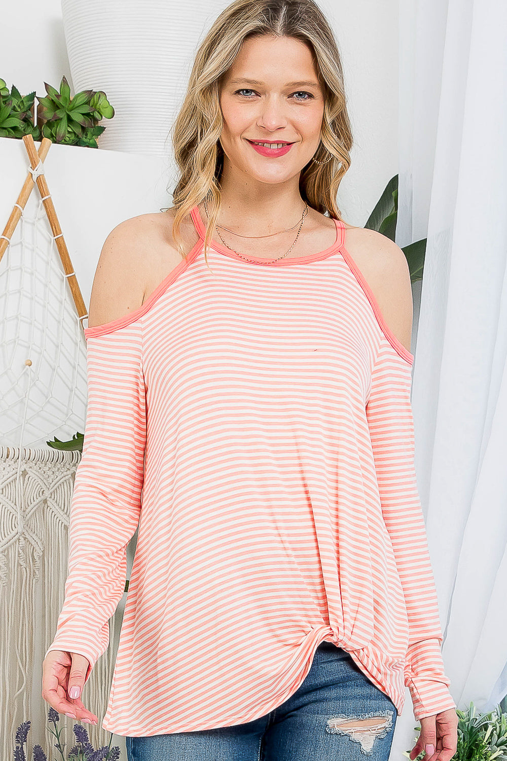 STRIPE COLD SHOULDER TUNIC TOP