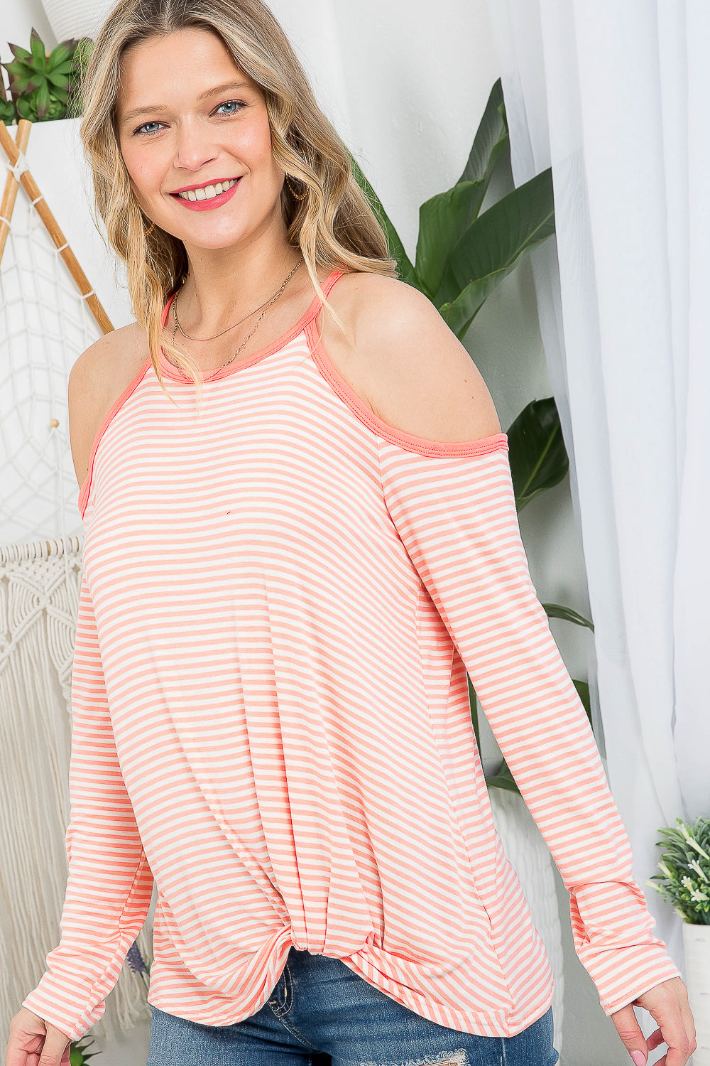 STRIPE COLD SHOULDER TUNIC TOP