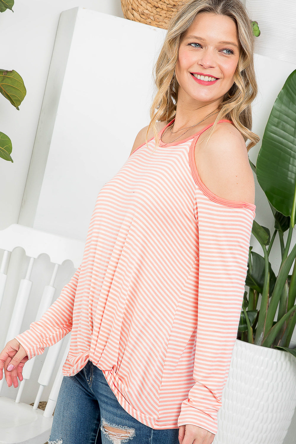 STRIPE COLD SHOULDER TUNIC TOP