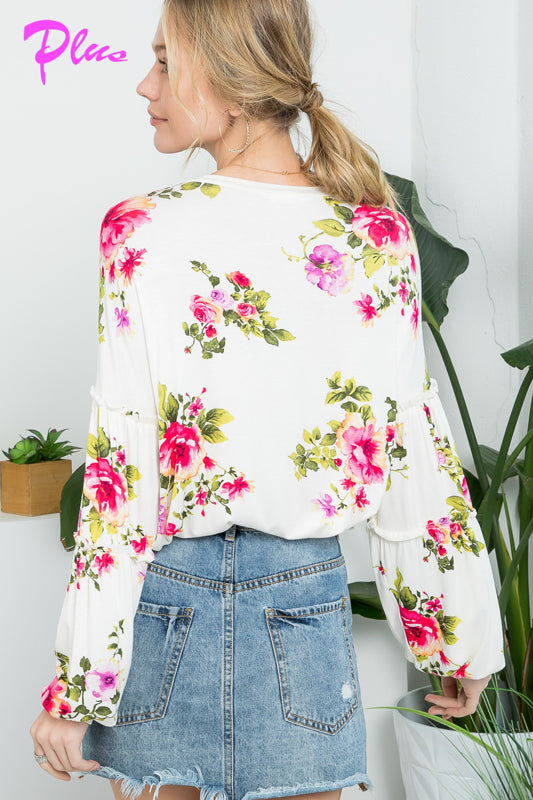 PLUS ALLOVER FLORAL LANTERN SL TOP