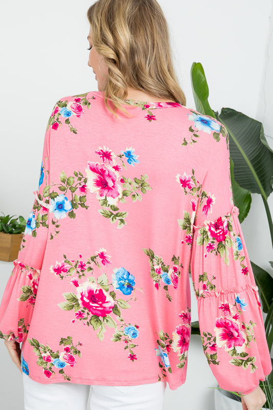 ALLOVER FLORAL LANTERN SLEEVE TOP