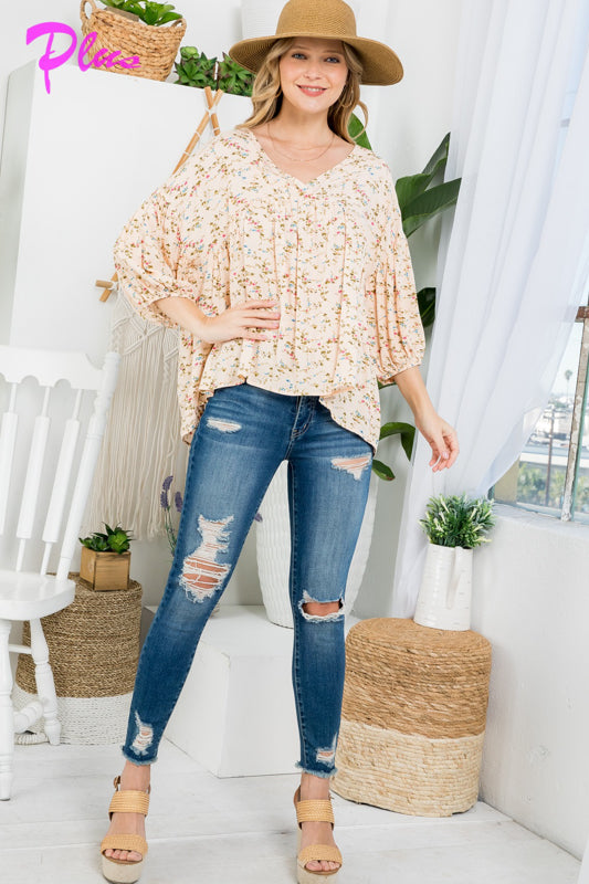 PLUS DIZZY FLORAL PEASANT BLOUSE