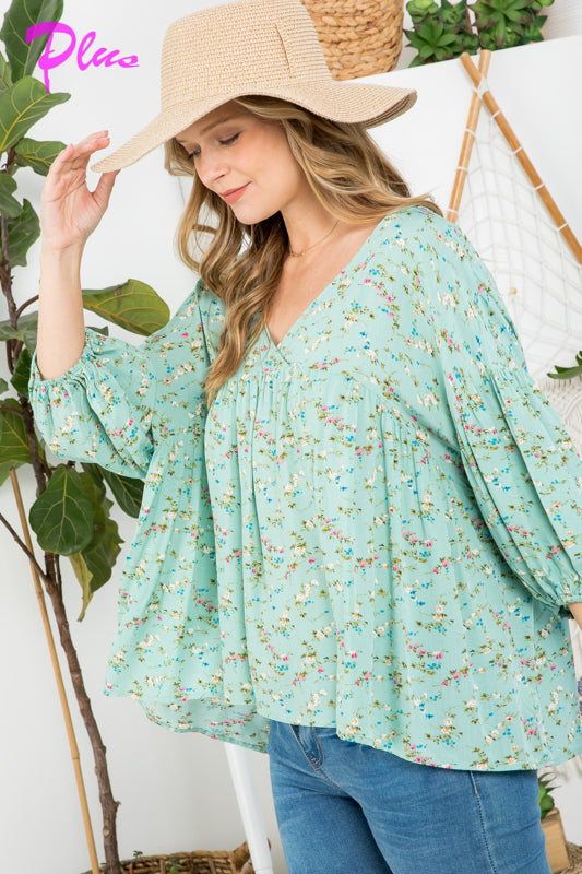 PLUS DIZZY FLORAL PEASANT BLOUSE