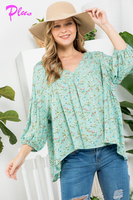 PLUS DIZZY FLORAL PEASANT BLOUSE