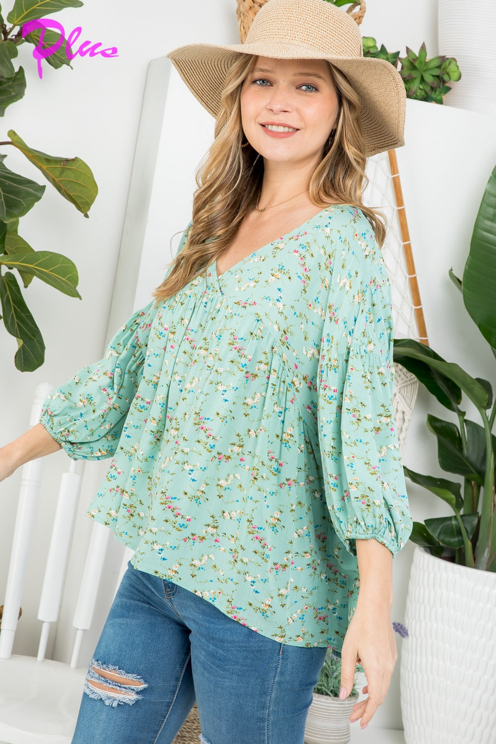 PLUS DIZZY FLORAL PEASANT BLOUSE