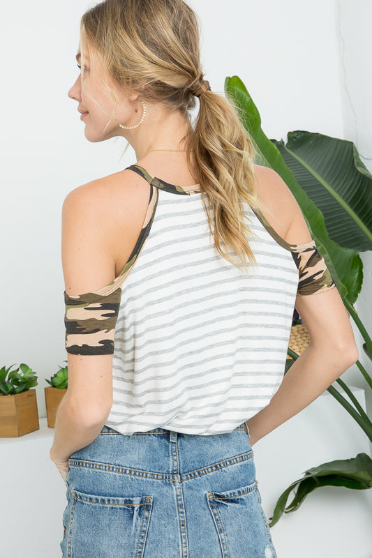 STRIPE CAMO MIX COLD SHOULDER TOP