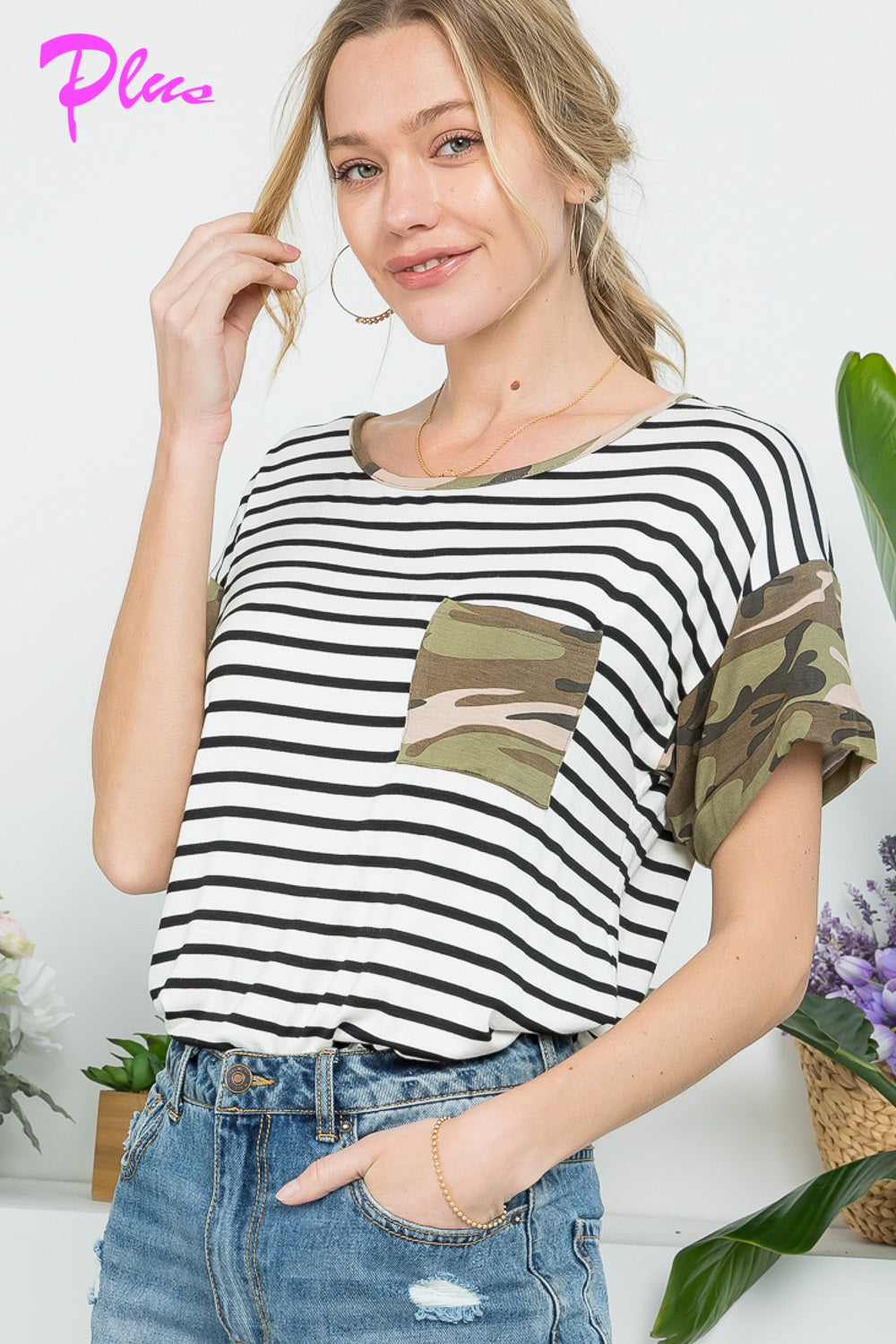 PLUS CAMOUFLAGE MIX CASUAL BOXY TOP