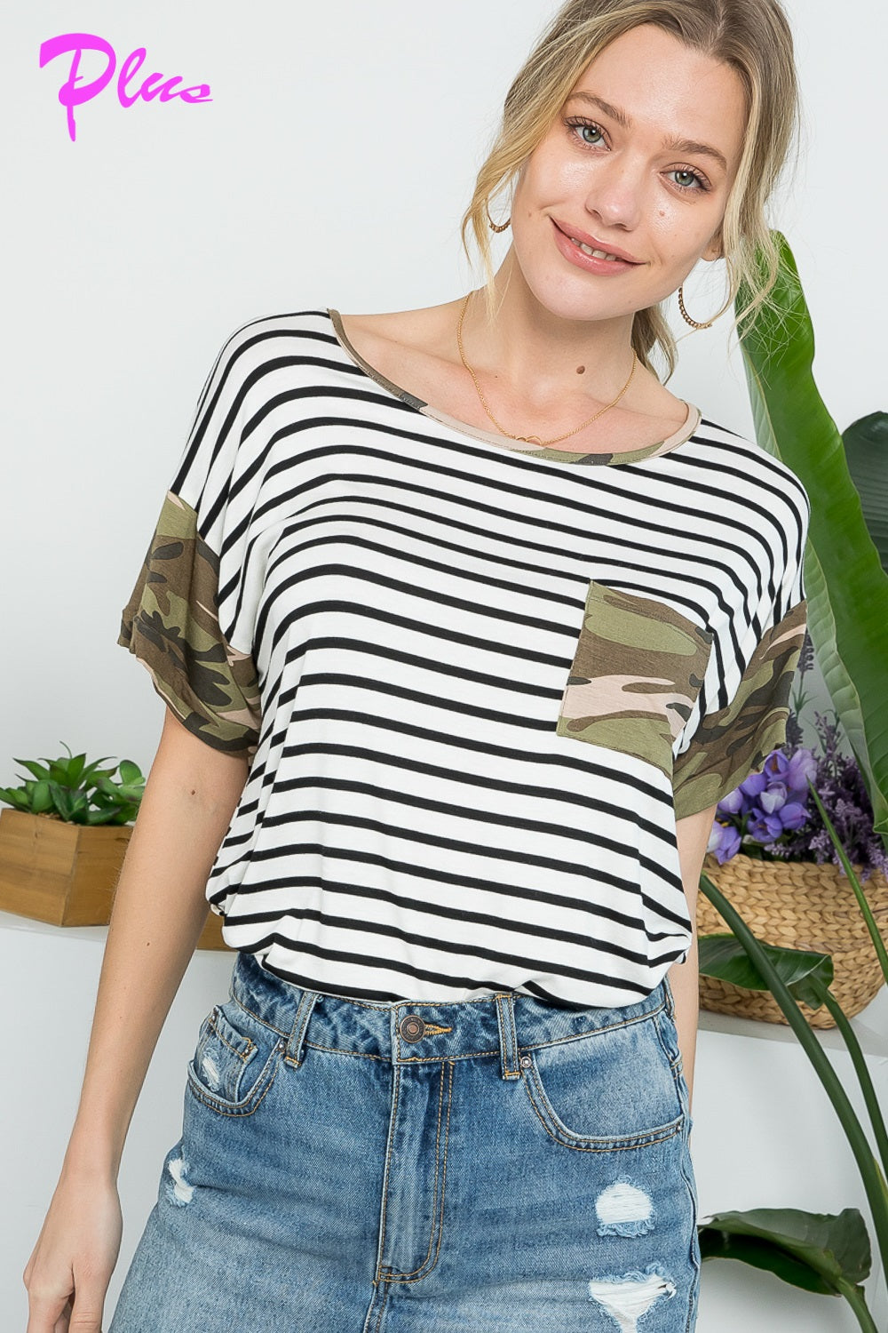 PLUS CAMOUFLAGE MIX CASUAL BOXY TOP