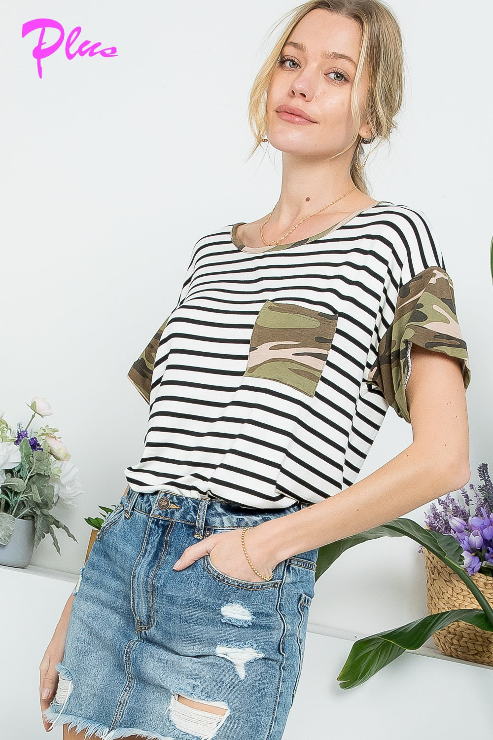 PLUS CAMOUFLAGE MIX CASUAL BOXY TOP