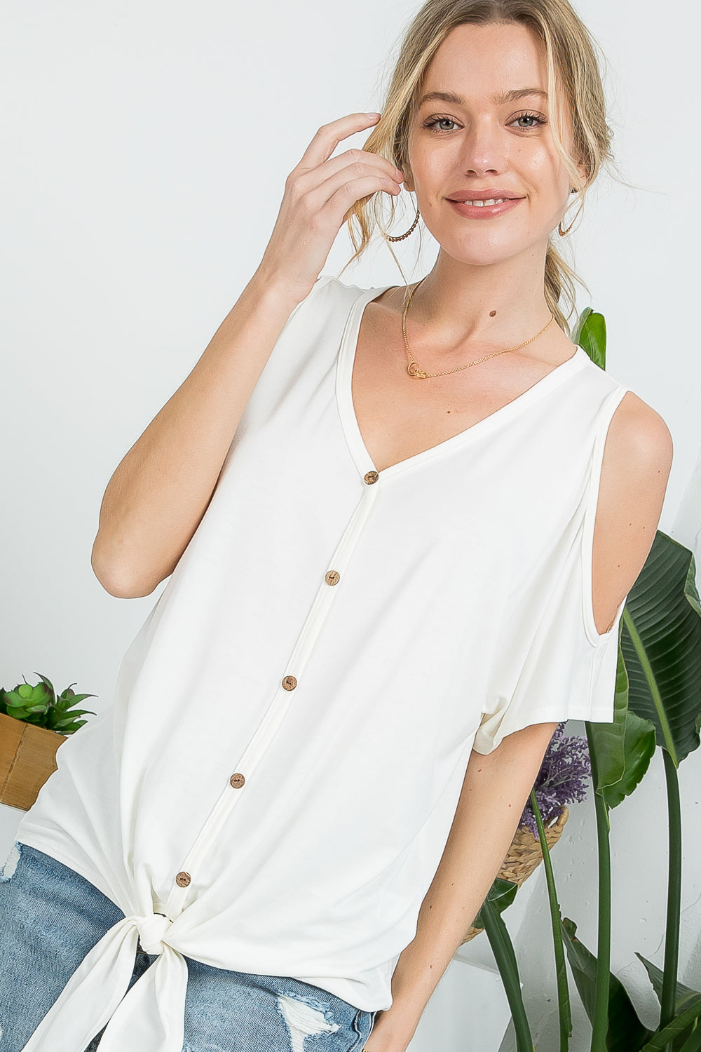 SOLID COLD SHOULDER CASUAL TOP