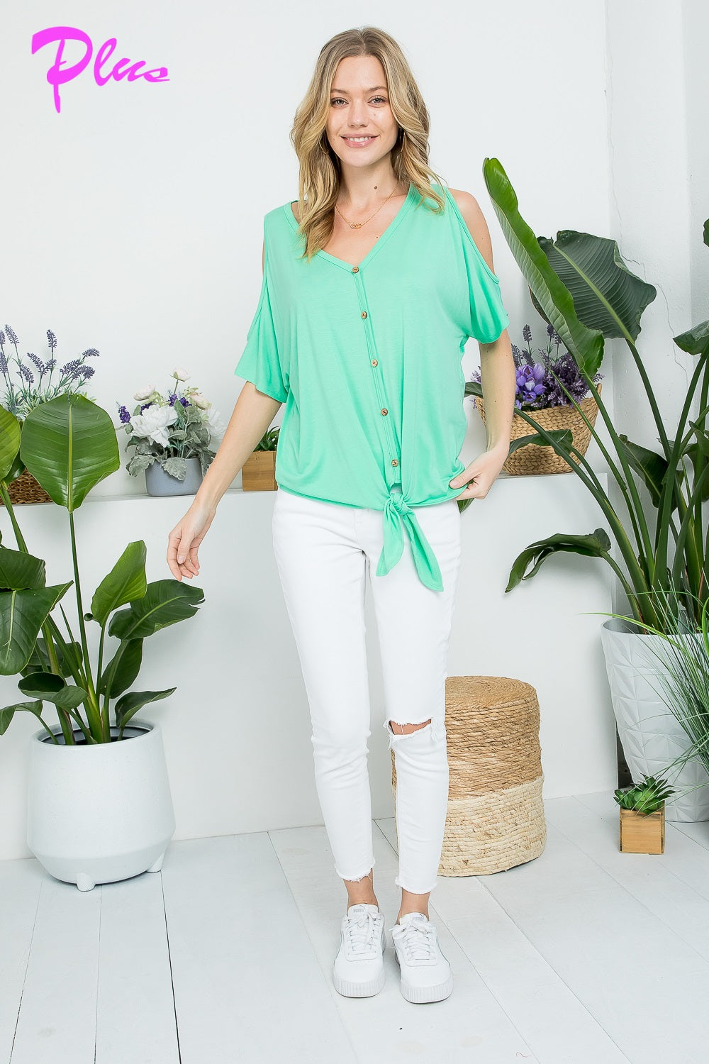 PLUS SOLID COLD SHOULDER CASUAL TOP