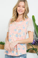 FLORAL EMBROIDERY LACE MIXED TOP