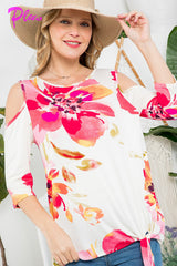 PLUS FLORAL PRINT COLD SHOULDER TOP