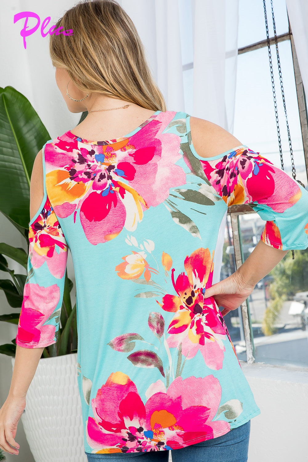 PLUS FLORAL PRINT COLD SHOULDER TOP