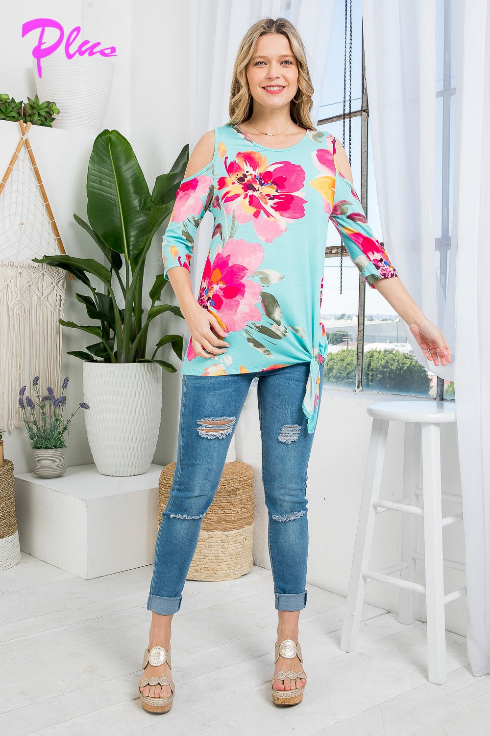 PLUS FLORAL PRINT COLD SHOULDER TOP