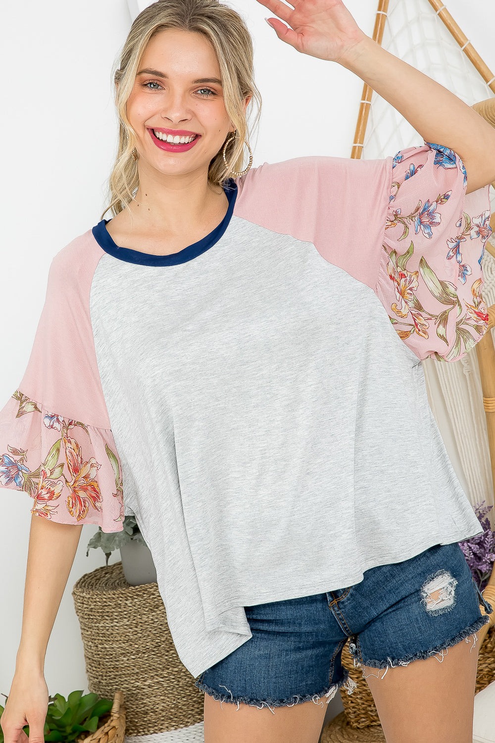 FLORAL SOLID MIXED COLORBLOCK TOP