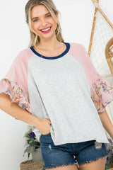 FLORAL SOLID MIXED COLORBLOCK TOP