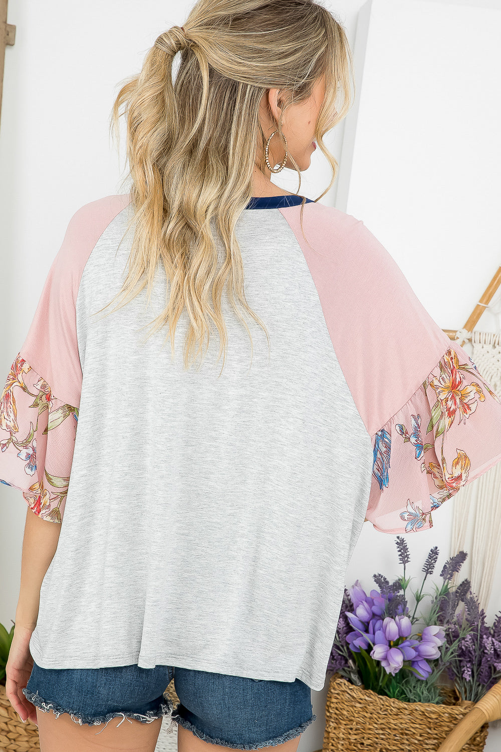 FLORAL SOLID MIXED COLORBLOCK TOP