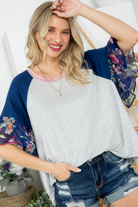 FLORAL SOLID MIXED COLORBLOCK TOP