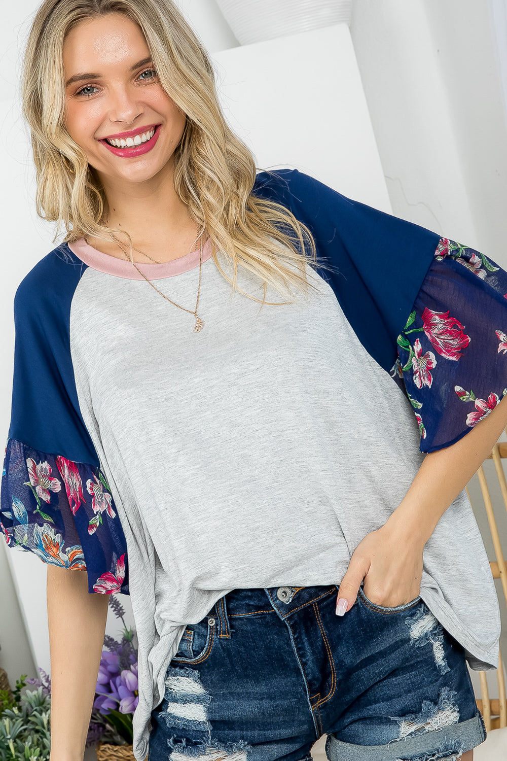 FLORAL SOLID MIXED COLORBLOCK TOP