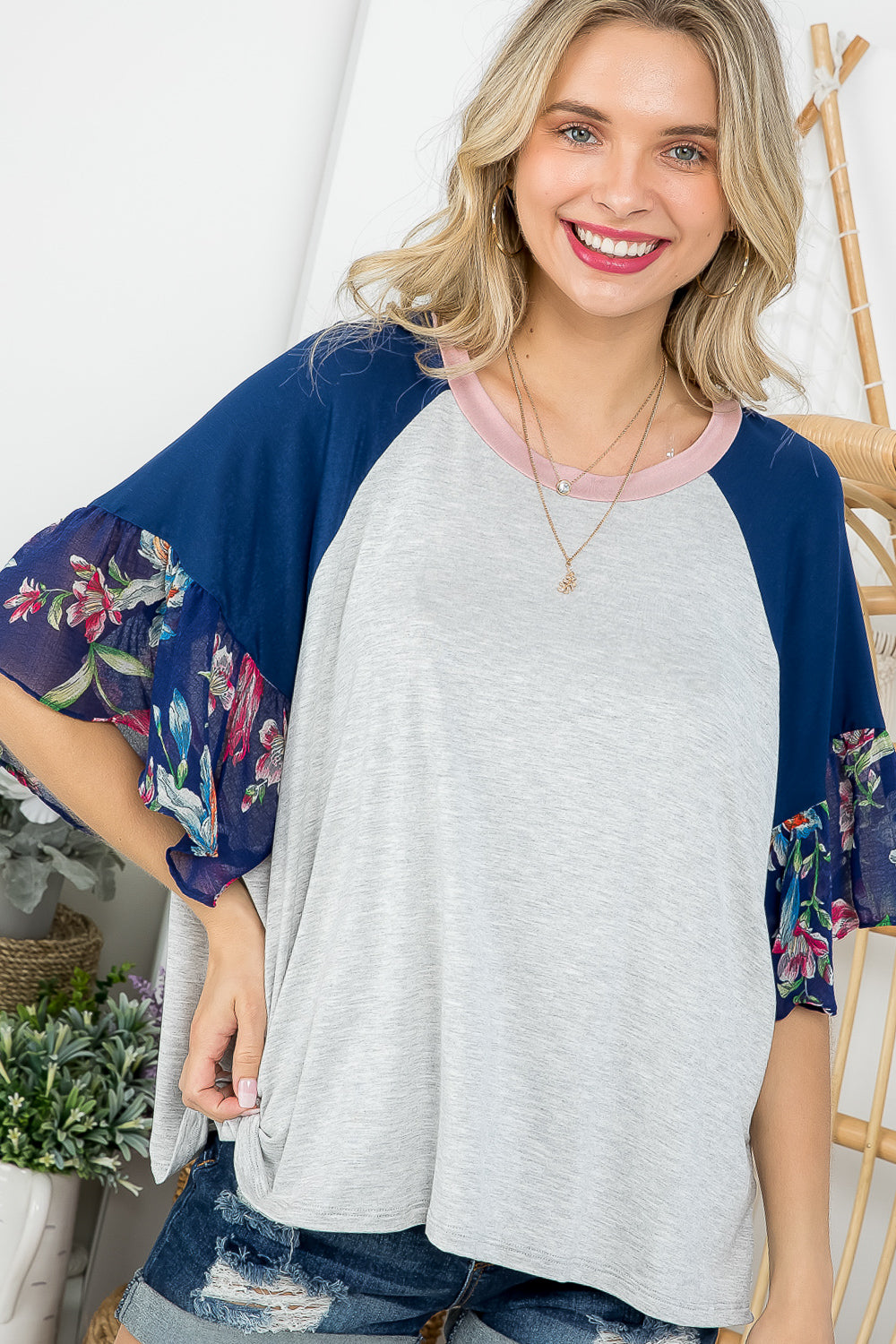 FLORAL SOLID MIXED COLORBLOCK TOP