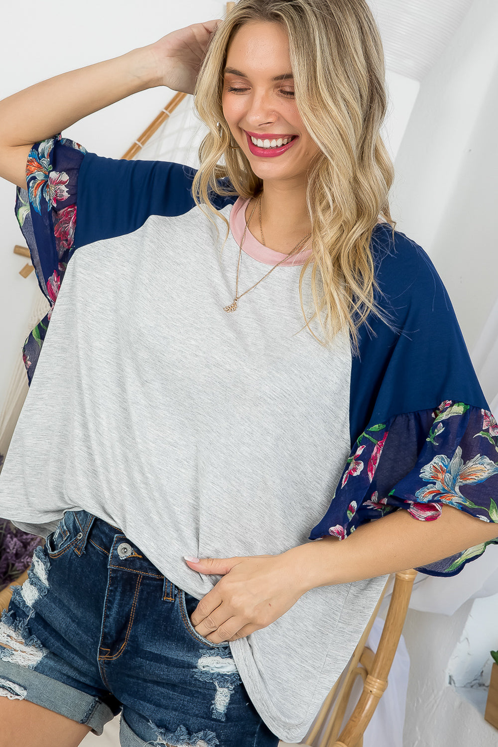 FLORAL SOLID MIXED COLORBLOCK TOP