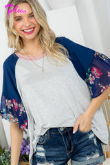 PLUS FLORAL MIXED COLORBLOCK TOP