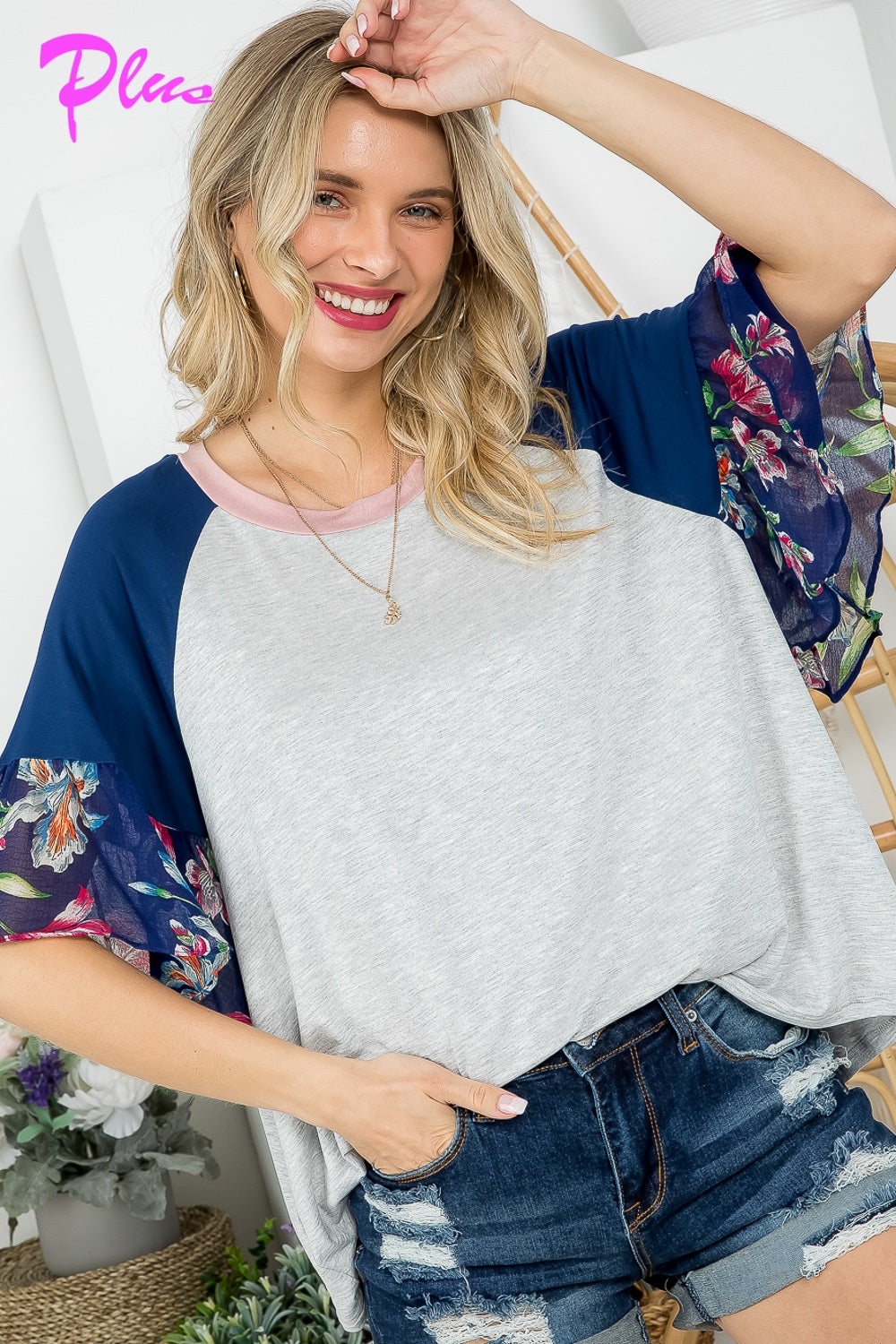 PLUS FLORAL MIXED COLORBLOCK TOP