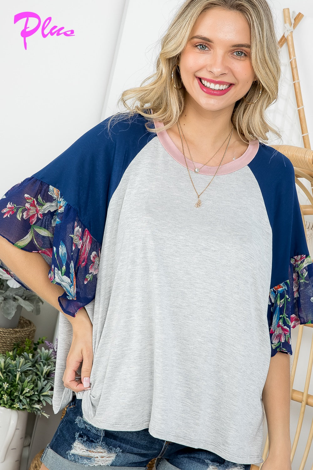 PLUS FLORAL MIXED COLORBLOCK TOP