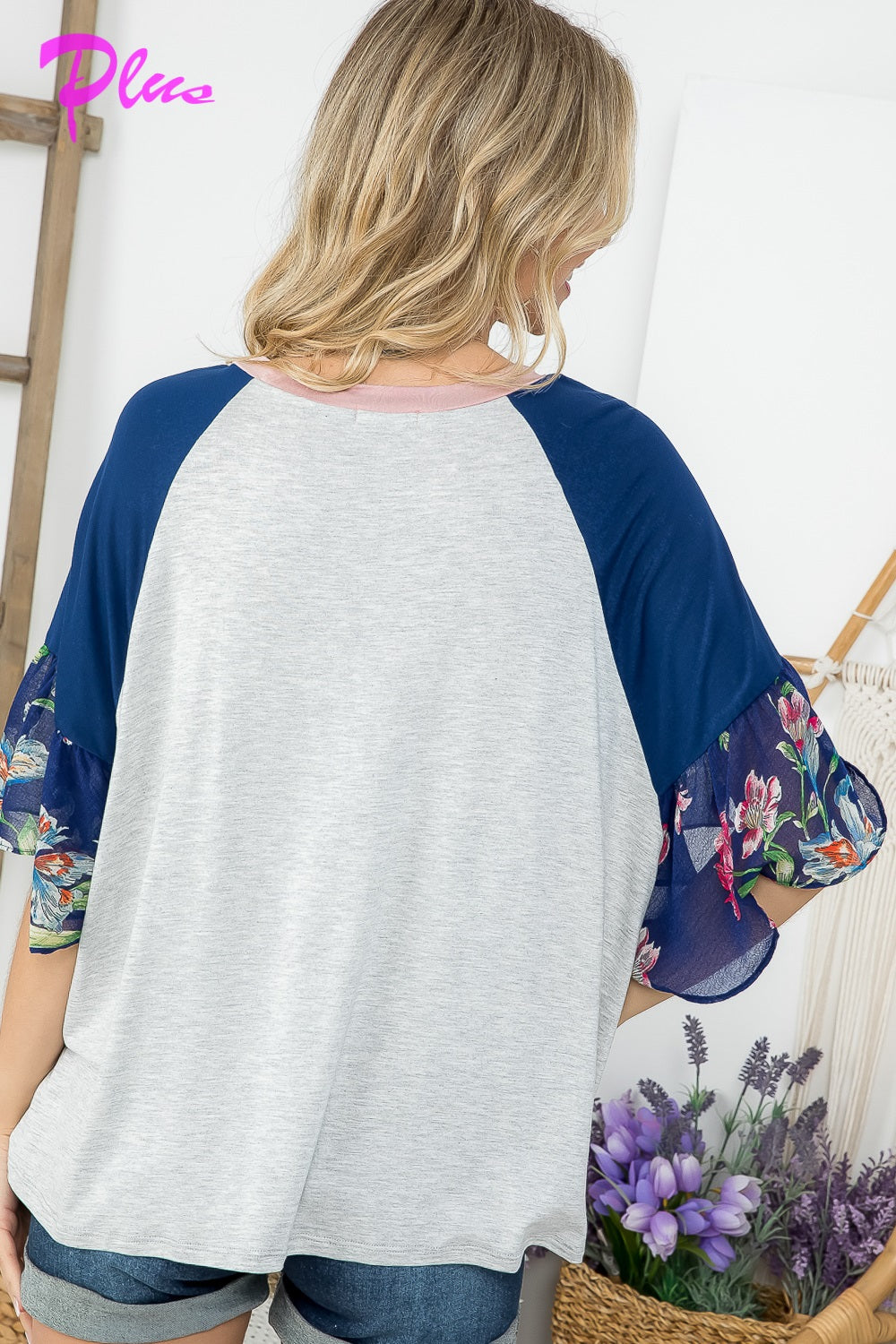 PLUS FLORAL MIXED COLORBLOCK TOP