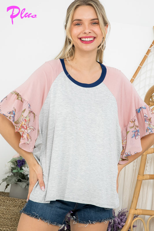 PLUS FLORAL MIXED COLORBLOCK TOP