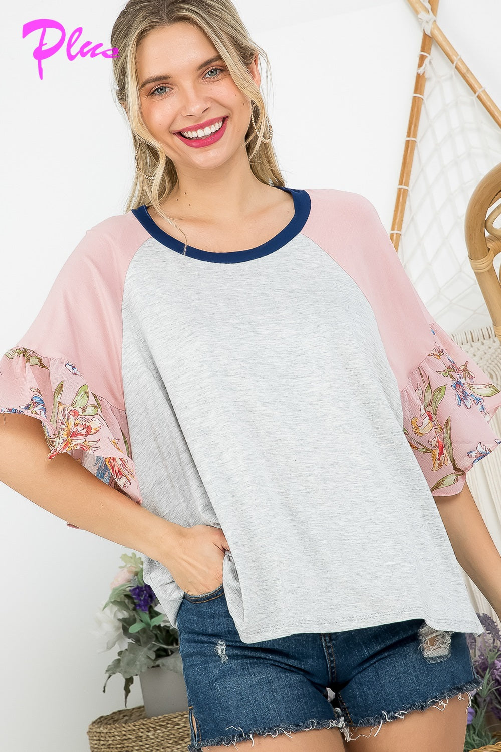 PLUS FLORAL MIXED COLORBLOCK TOP