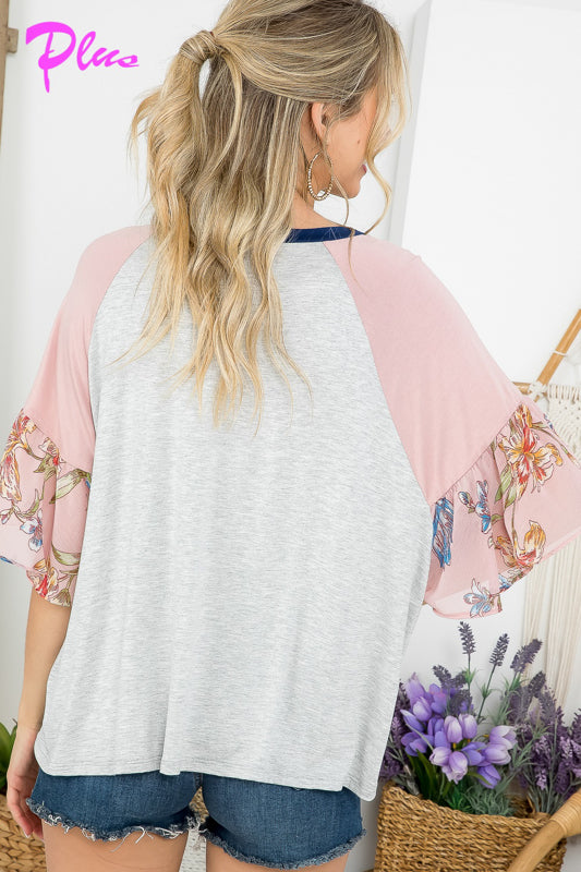 PLUS FLORAL MIXED COLORBLOCK TOP