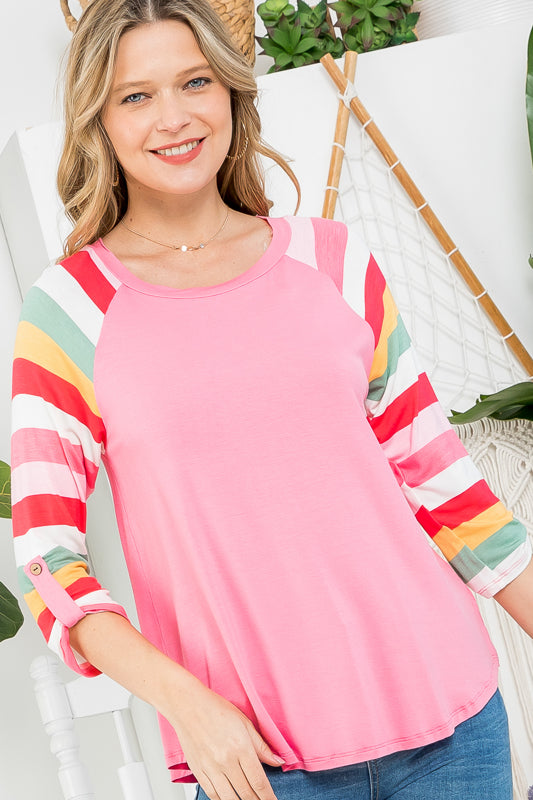 PLUS STRIPE MIX BASEBALL CASUAL TOP