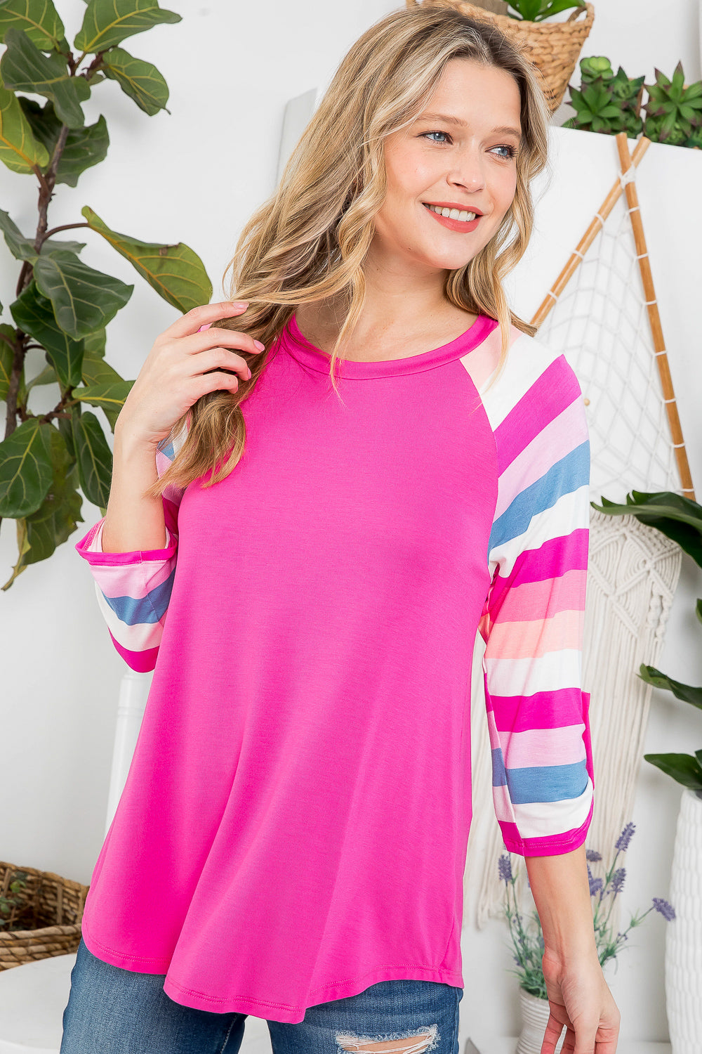 PLUS STRIPE MIX BASEBALL CASUAL TOP