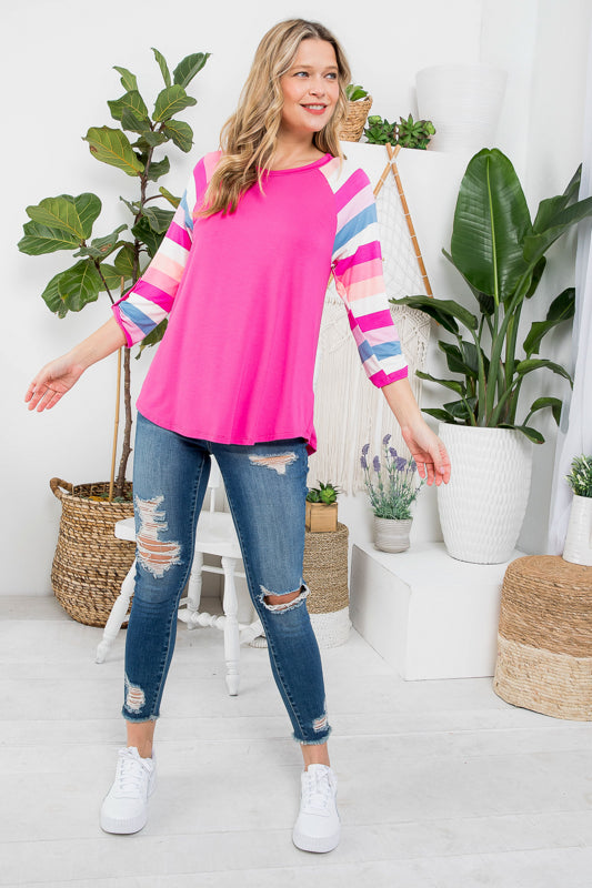 PLUS STRIPE MIX BASEBALL CASUAL TOP