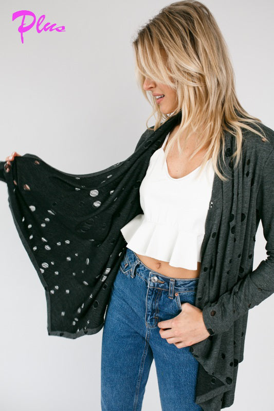 PLUS DISTRESSED CASCADE CARDIGAN