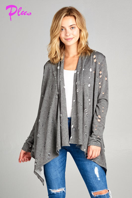 PLUS DISTRESSED CASCADE CARDIGAN