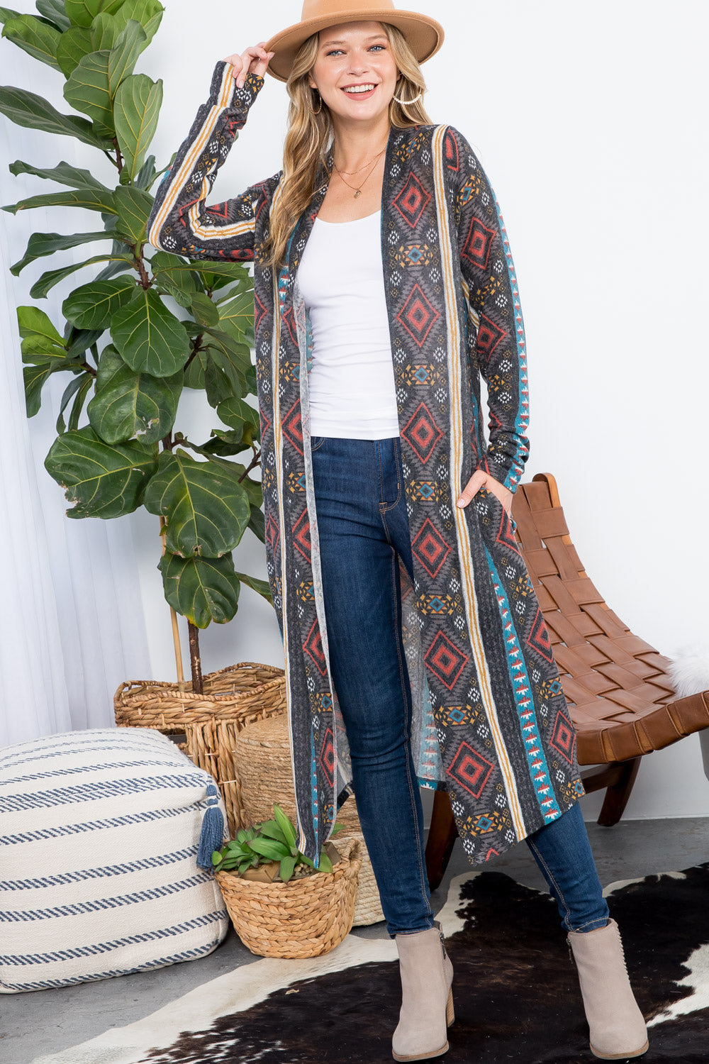 AZTEC PRINT LONG CARDIGAN