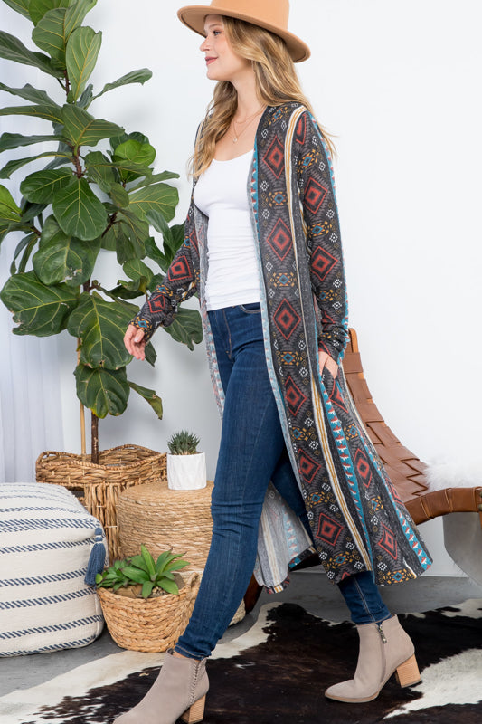 AZTEC PRINT LONG CARDIGAN