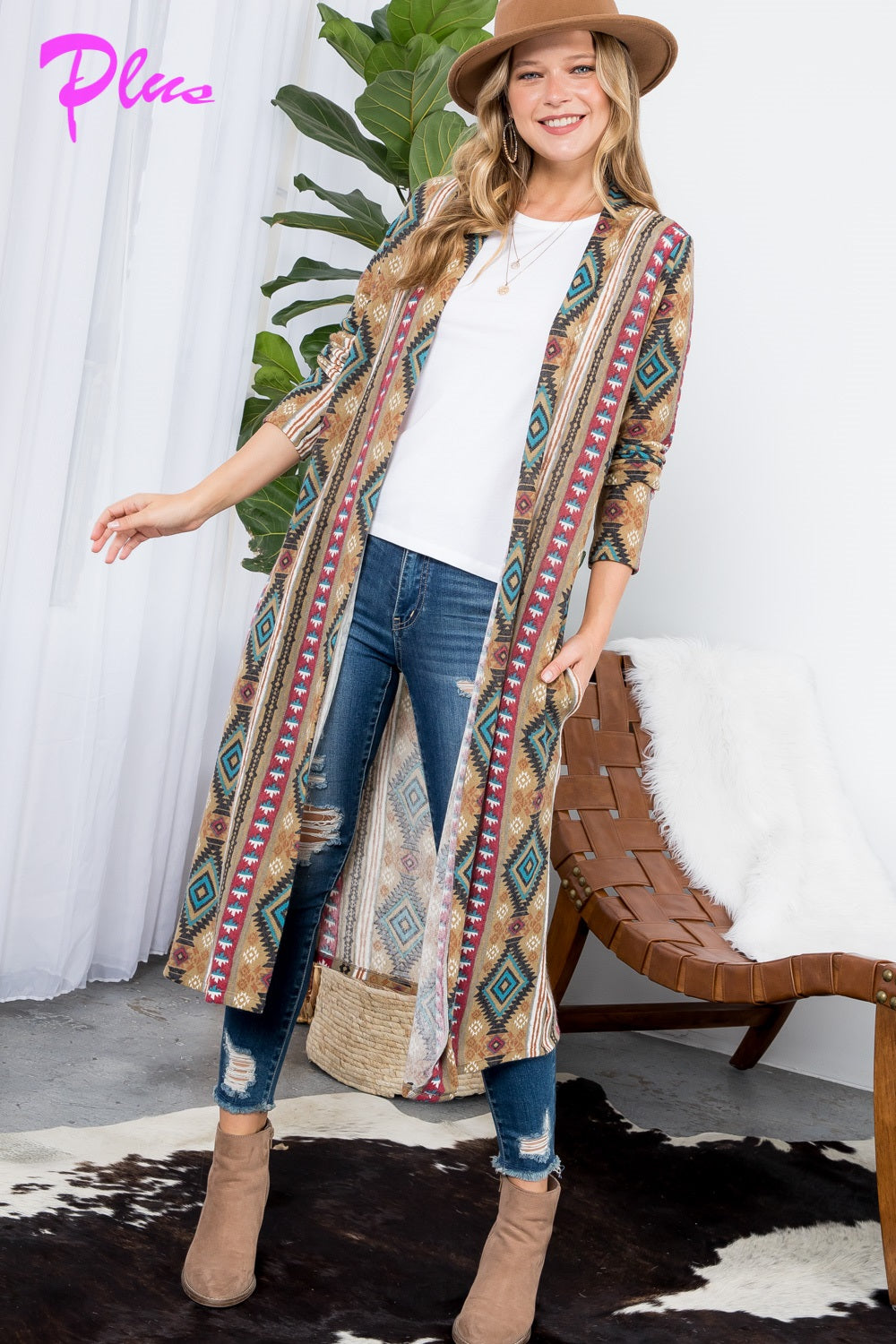 PLUS AZTEC PRINT LONG CARDIGAN