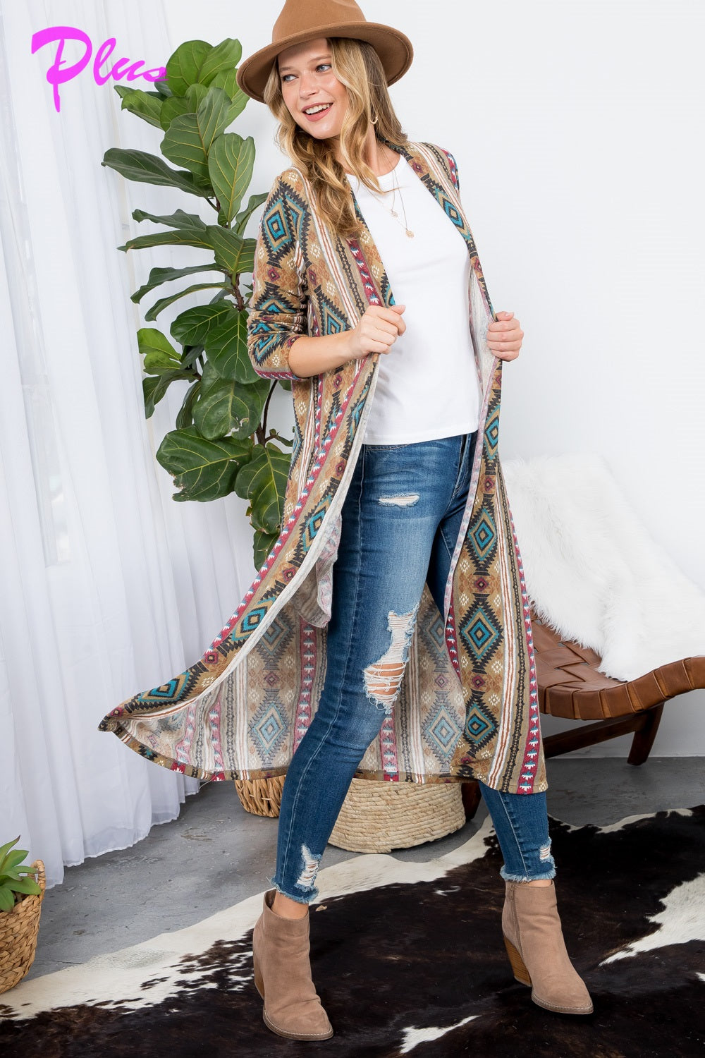 PLUS AZTEC PRINT LONG CARDIGAN