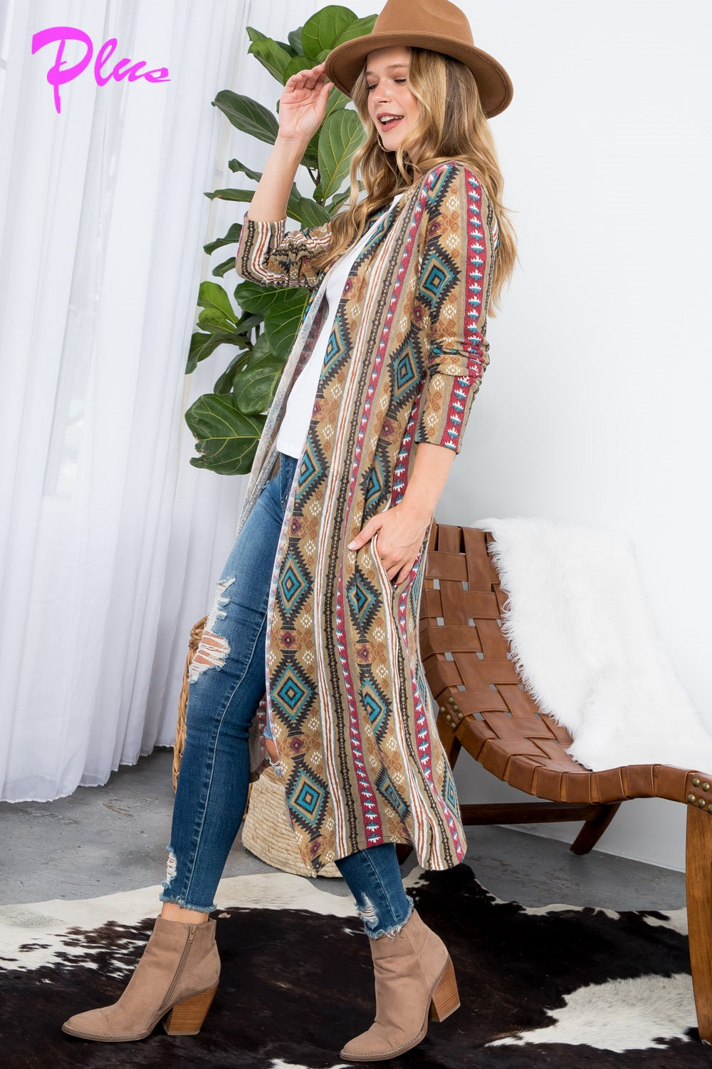 PLUS AZTEC PRINT LONG CARDIGAN