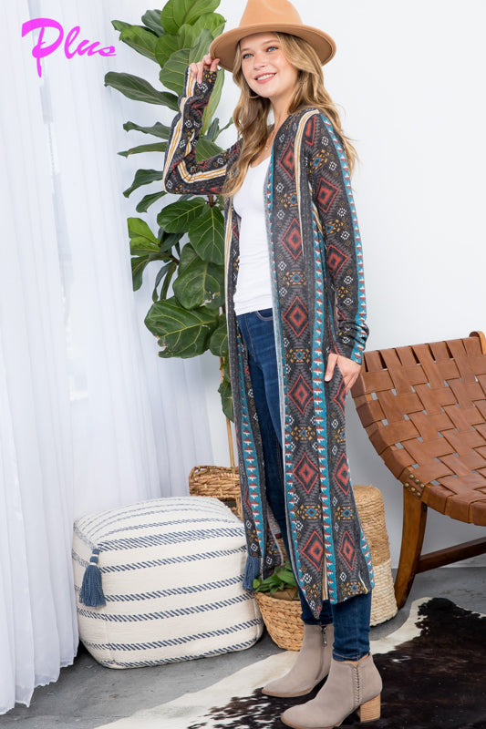 PLUS AZTEC PRINT LONG CARDIGAN